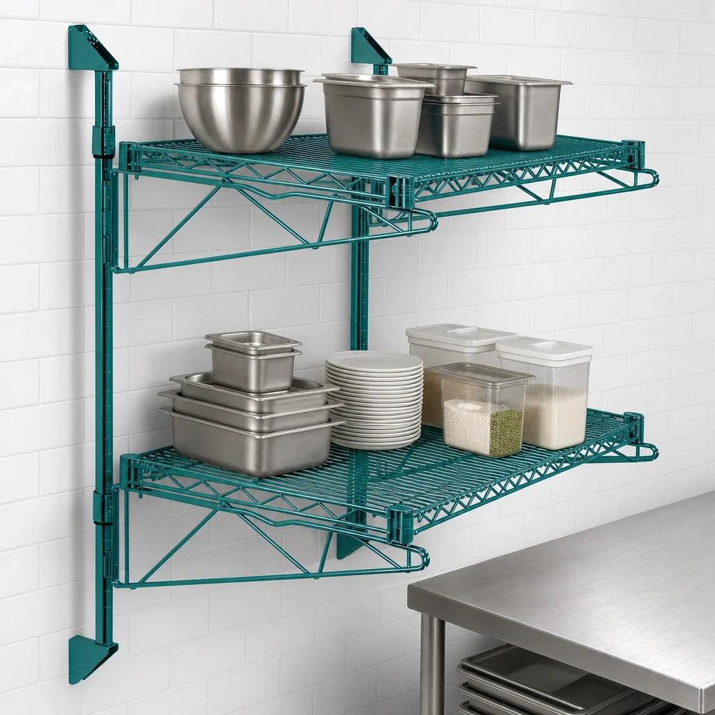 Quantum WC34-CB1860P Wall-Mounted Cantilever Double-Shelf Wire Shelving Unit, 60"W x 18"D, Green Epoxy