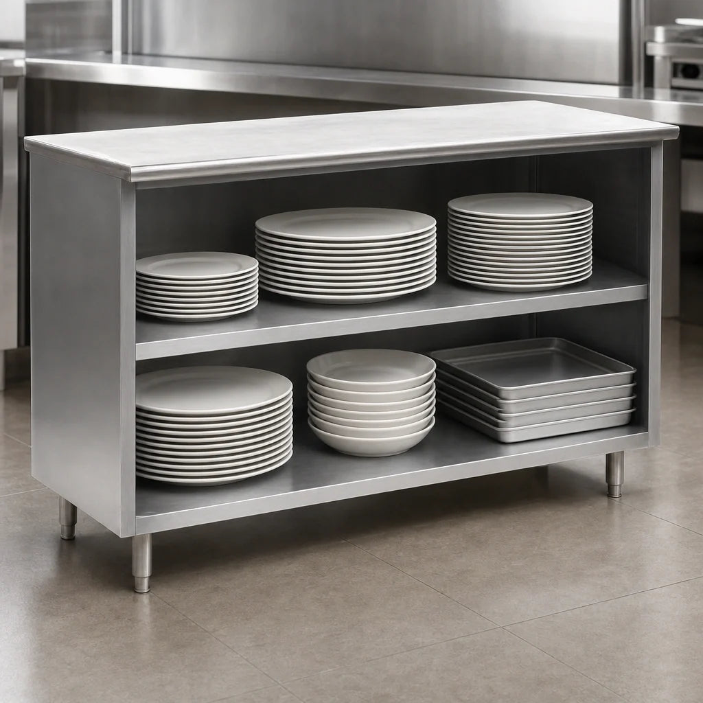 Eagle Group Spec-Master PC1584SE-CS Open-Front Stainless Steel Plate Cabinet with 14/304 Top, Fixed Shelf, 84W x 15D