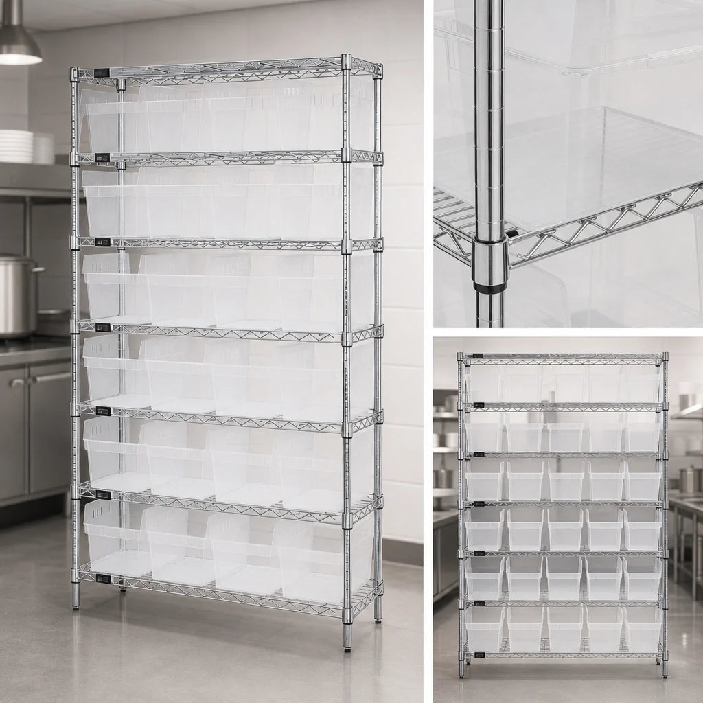 Quantum WR8-808CL Chrome Stationary Bin Wire Shelving System, 36"W x 18"D x 74"H, 8 Shelves, 28 Clear Bins