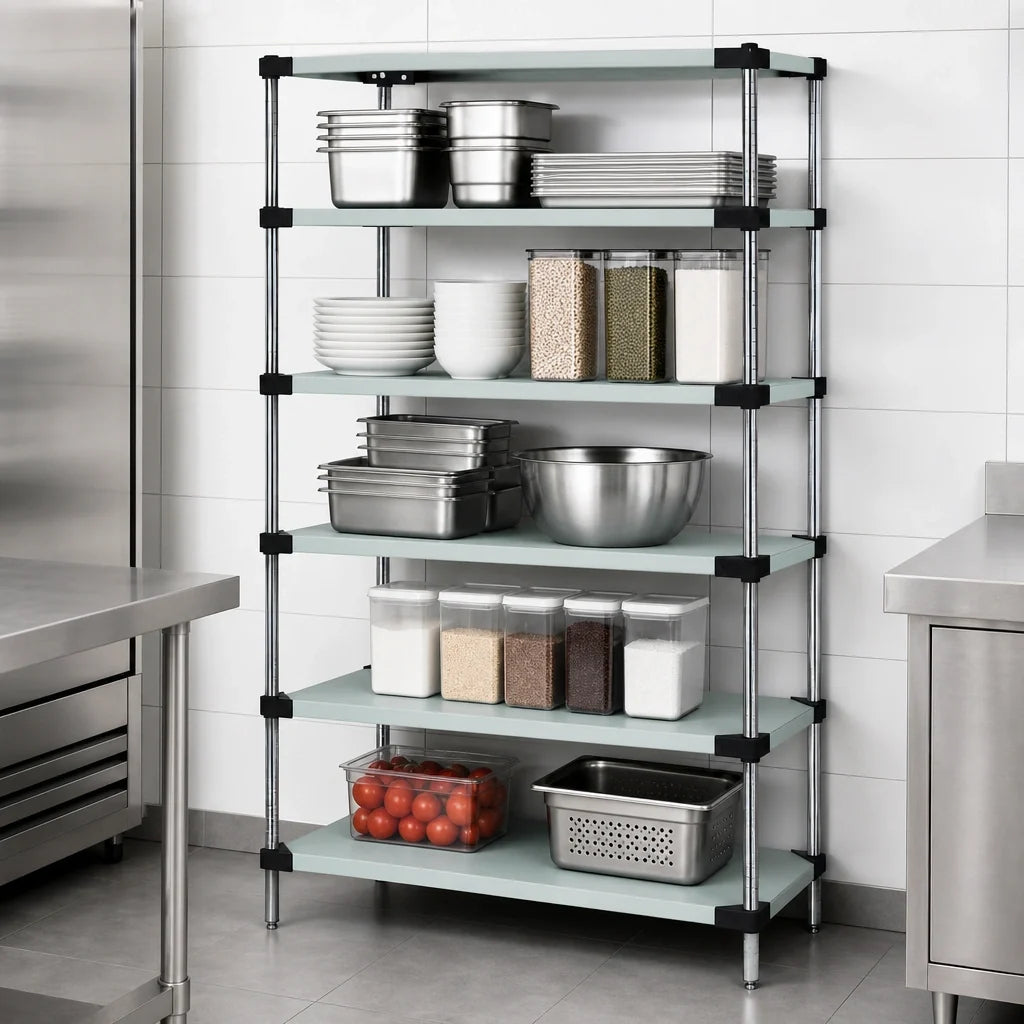 Quantum WRS5-74-1436SS 304 Stainless Steel Solid Shelving Starter Kit, 36"W x 14"D x 74"H, 5 Shelves