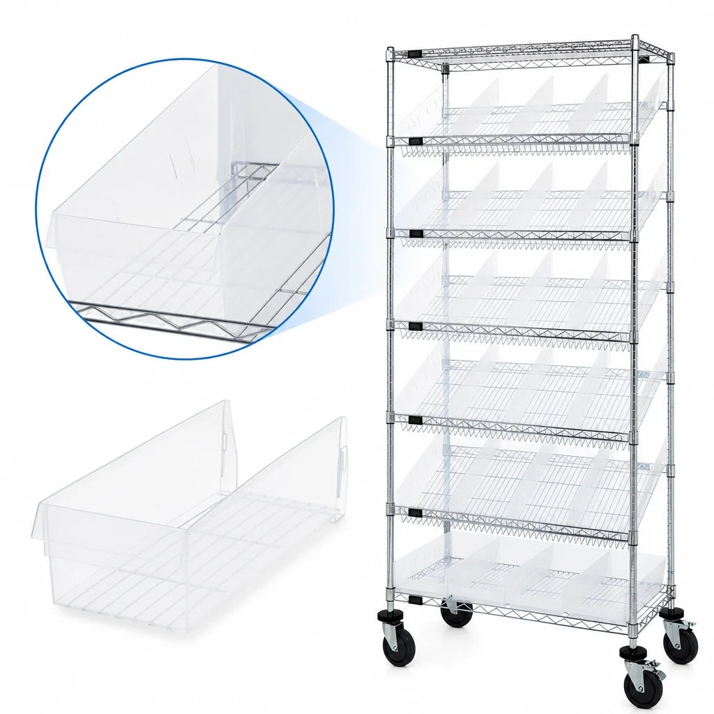 Quantum MWRS-7-108CL Mobile Wire Shelving Bin System with 24 Clear Bins, 7 Shelves, Chrome-Plated, 36 x 18 x 74 Inches