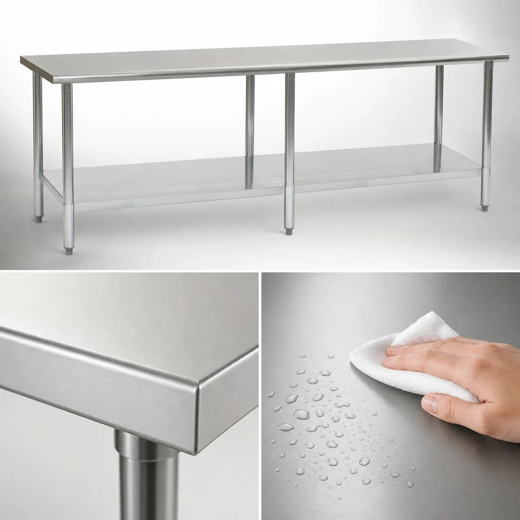 Eagle Group Budget Series T36144B Flat Top Work Table, 144"W x 36"D, 430 Stainless Steel, Rolled Edges, Adjustable Galvanized Undershelf