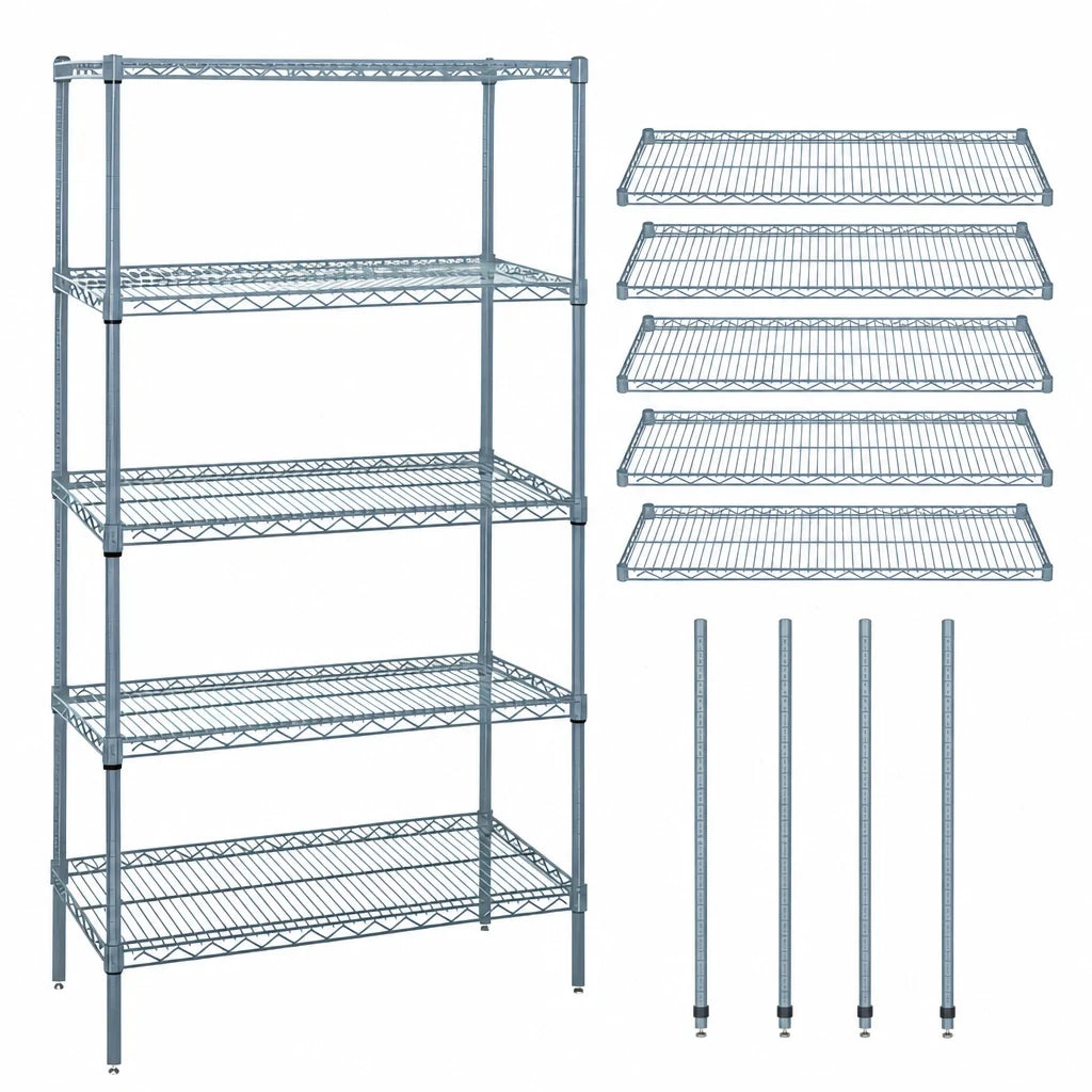 Quantum WR54-1248GY-5 48"W x 12"D x 54"H Gray Epoxy Wire Shelving Starter Kit with 5 Shelves