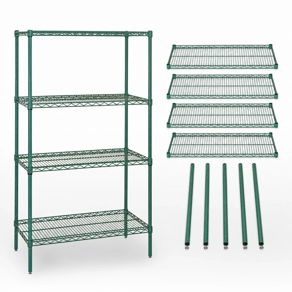 Quantum WR63-1436P 36W x 14D x 63H Green Epoxy Wire Shelving Starter Unit, 4-Shelf Stationary
