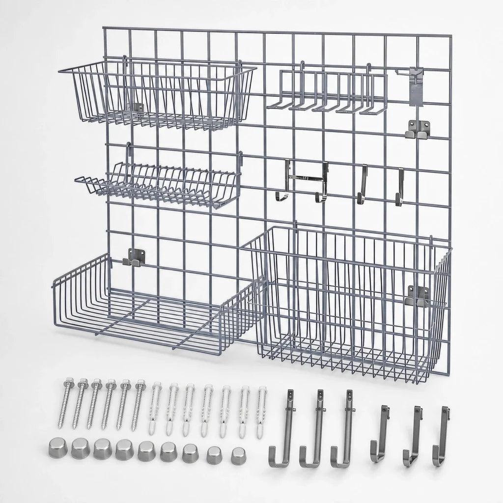 Quantum SGK-3036-1GY Wall-Mounted Store Grid Starter Kit, Light-Duty, Gray Epoxy, 36 x 30 in. Panel with Baskets, Shelf and Hooks