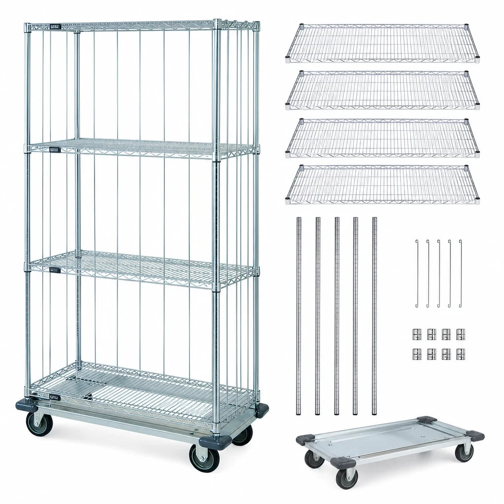 Quantum MD2460C46RE Mobile Wire Shelving Cart, 4 Shelves, Chrome Finish, 60 x 24 x 70 Inches