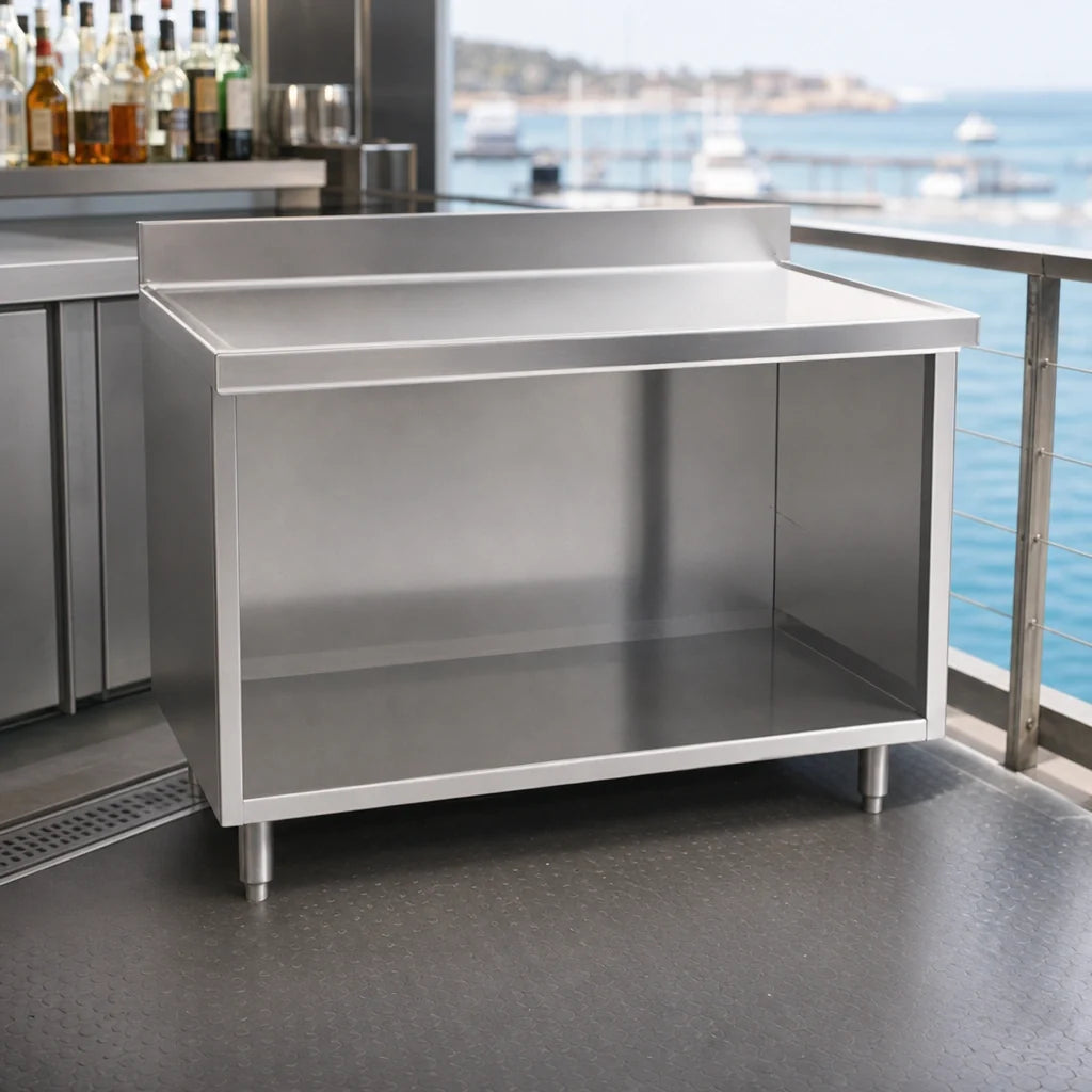 Eagle Group Spec-Master OB2460SEM-BS 60"W x 24"D Stainless Steel Underbar Work Table with Open Front Cabinet, Marine Edge & Backsplash