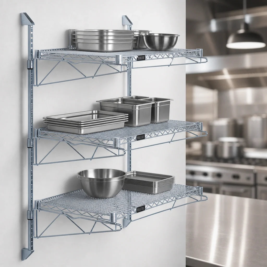 Quantum WC54-CB1436GY Wall-Mounted Cantilever Starter Shelf Kit with 3 Wire Shelves, 54-Inch Posts, Gray Epoxy Finish