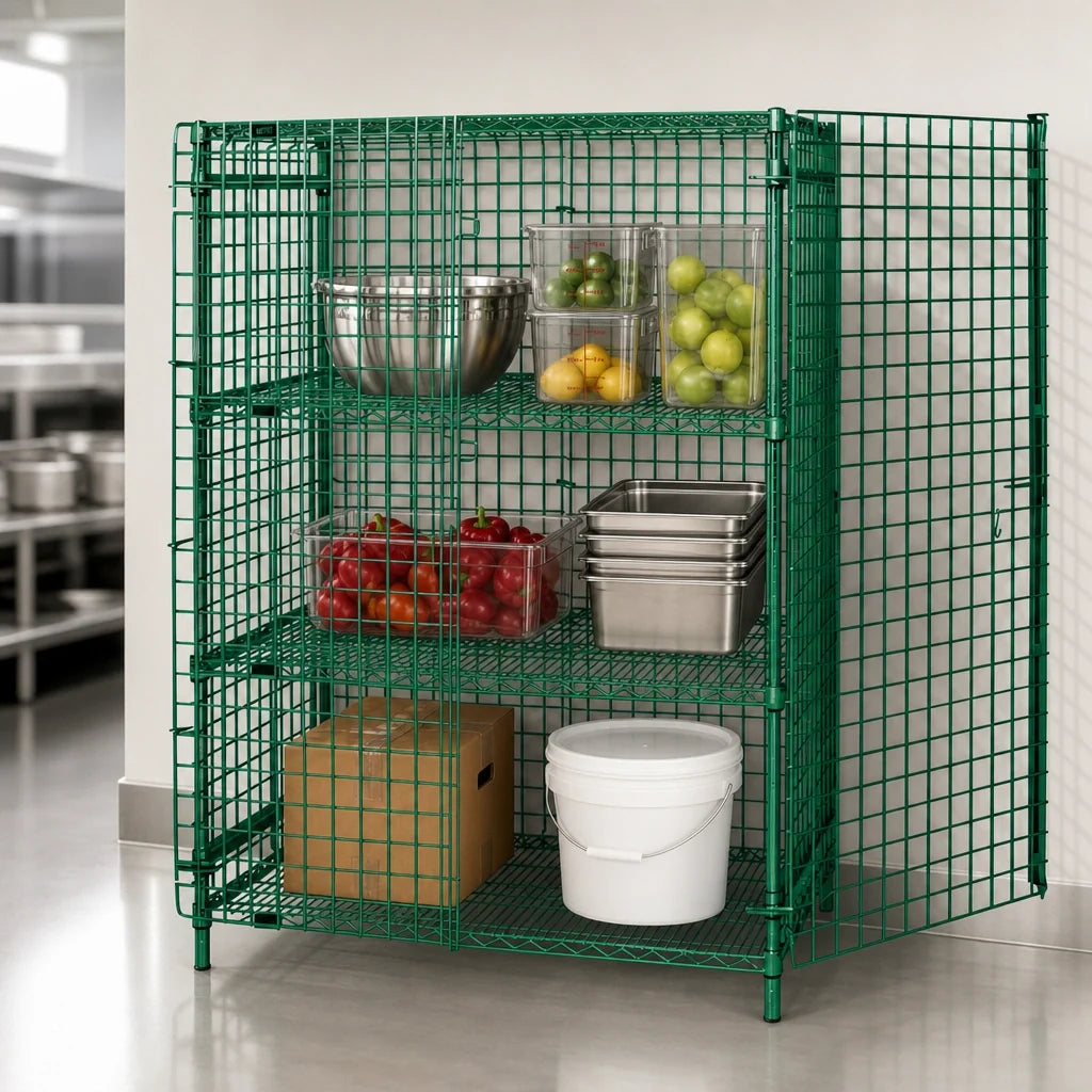 Quantum 2436-63SECP-2 Stationary Wire Security Cage, 36"W x 24"D x 63"H, 2 Intermediate Shelves, Green Epoxy Finish