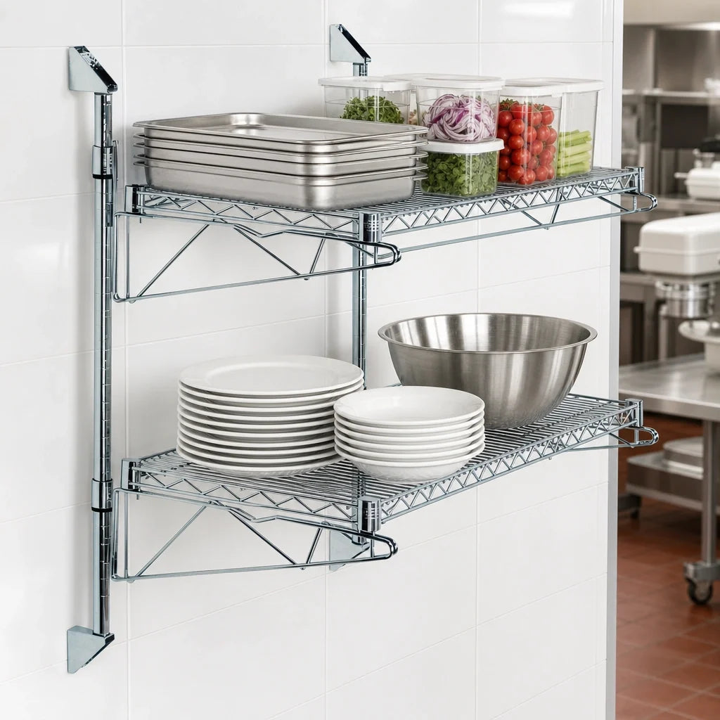 Quantum WC34-CB1224C Wall-Mount Cantilever Wire Shelving Unit with 2 Chrome-Plated 24 x 12 in Shelves