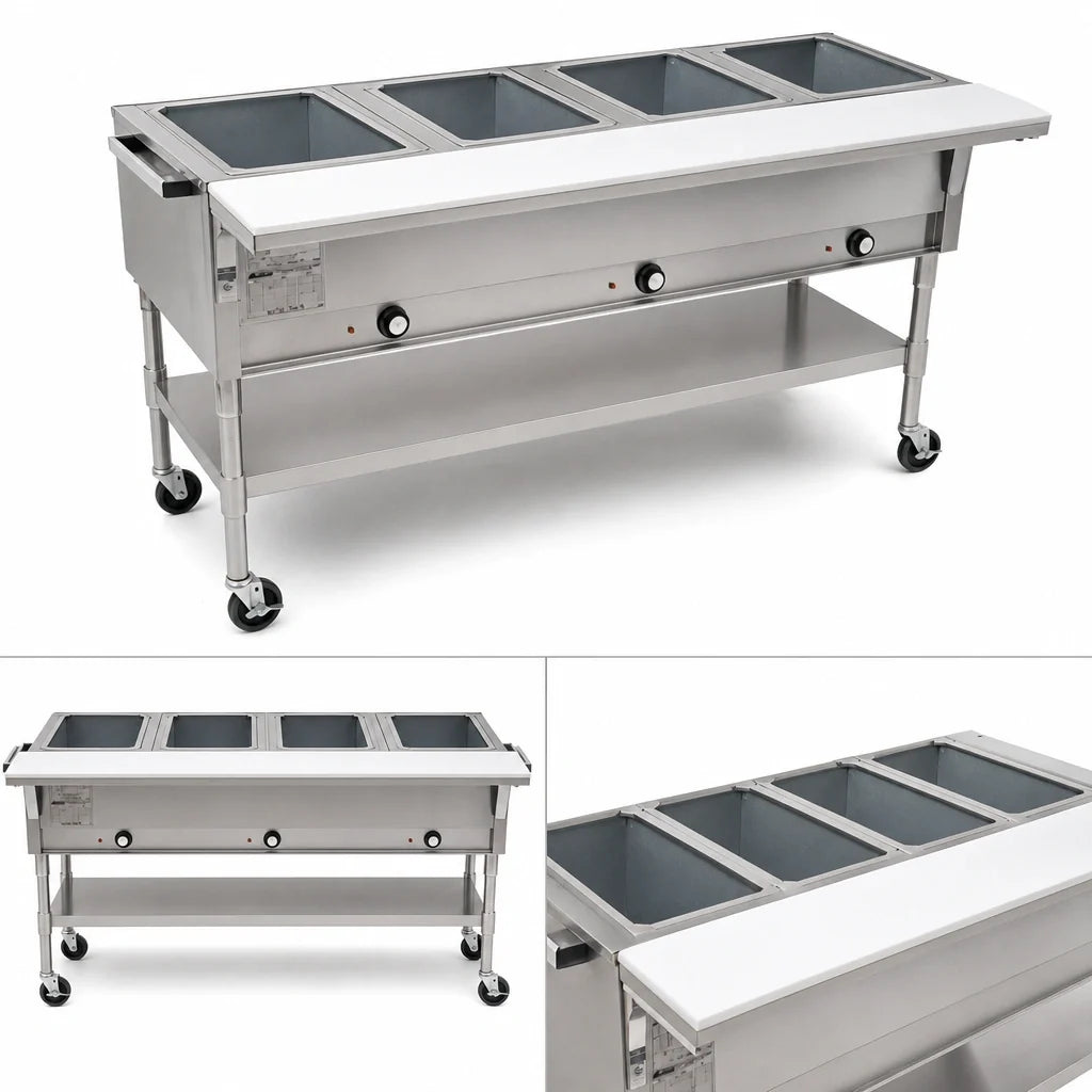 Eagle Group SPDHT4-208 Portable Electric Hot Food Table, 4 Dry Wells, Cutting Board, Open Shelf Base, 66 Inch, 208V