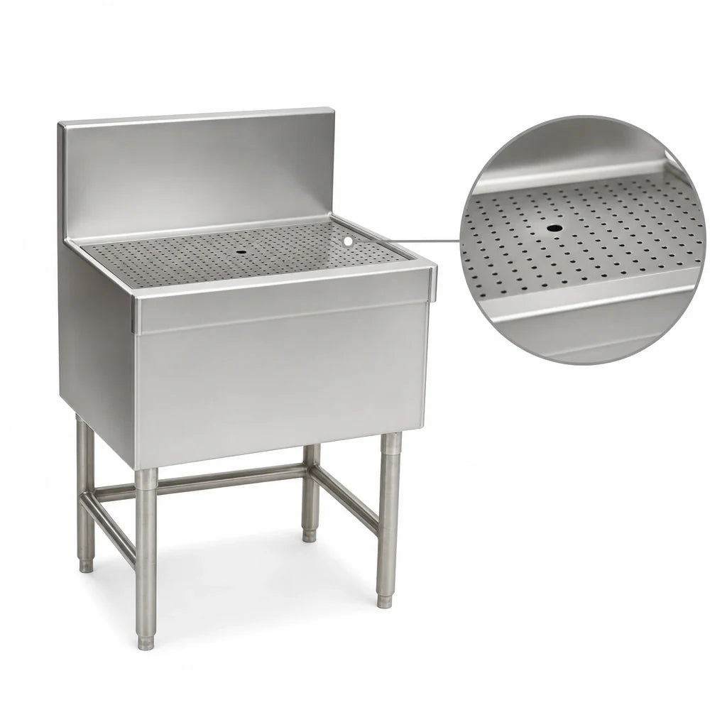 Eagle Group Spec-Bar WB18-19 Freestanding Stainless Steel Workboard, 18" W x 19" D, Open Base, Perforated Insert, 8" Backsplash & Drain
