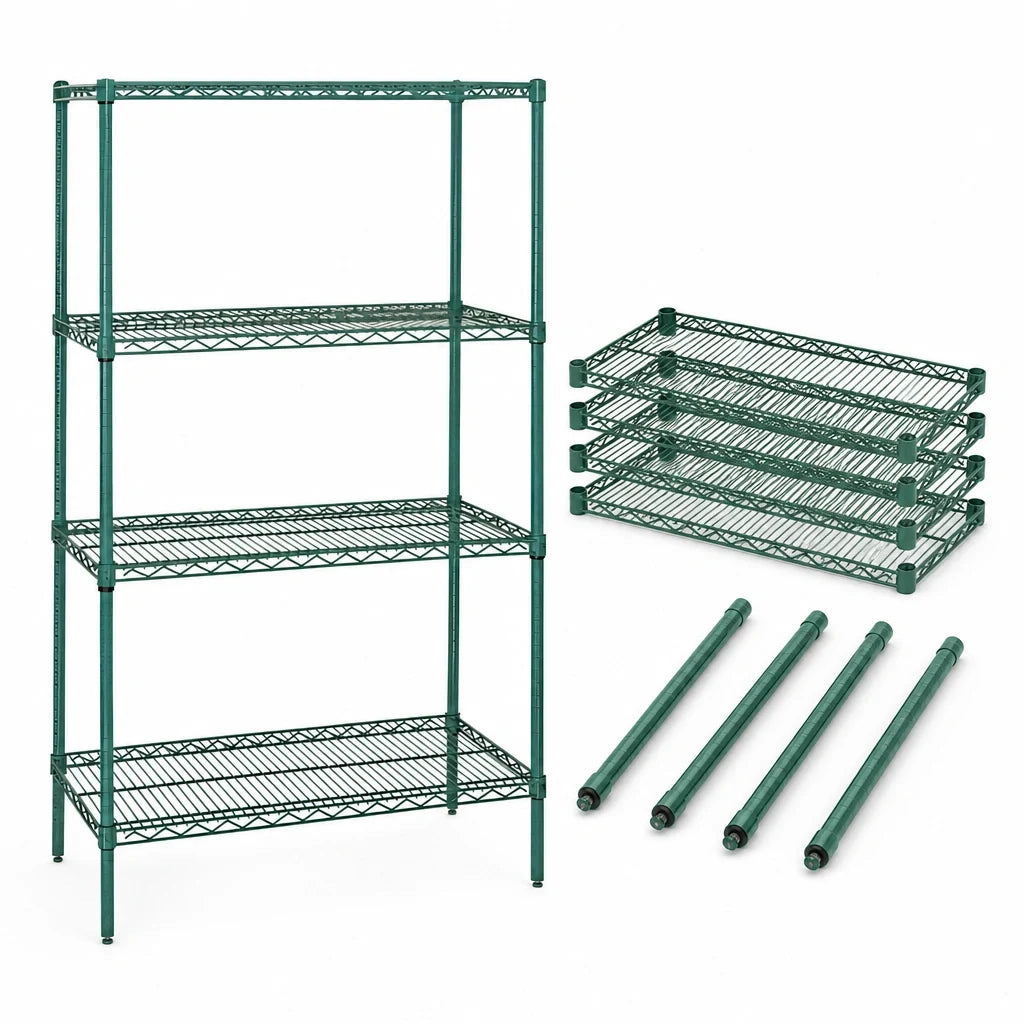 Quantum WR74-2154P 4-Shelf Wire Shelving Starter Kit, 54" W x 21" D x 74" H, Green Epoxy Coated