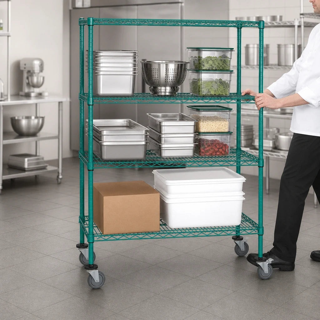 Quantum M1860P46 4-Shelf Mobile Wire Shelving Cart, 60"W x 18"D x 69"H, Green Epoxy Finish