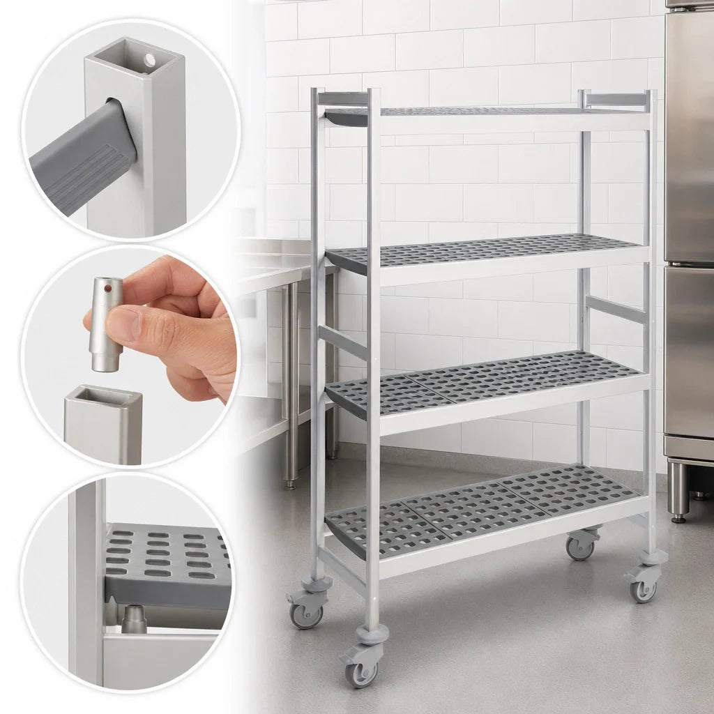 Fermod Fermostock 4R42B71M 4-Tier Mobile Polymer Shelving Unit, 42W x 18D x 71H, Gray, Anodized Aluminum