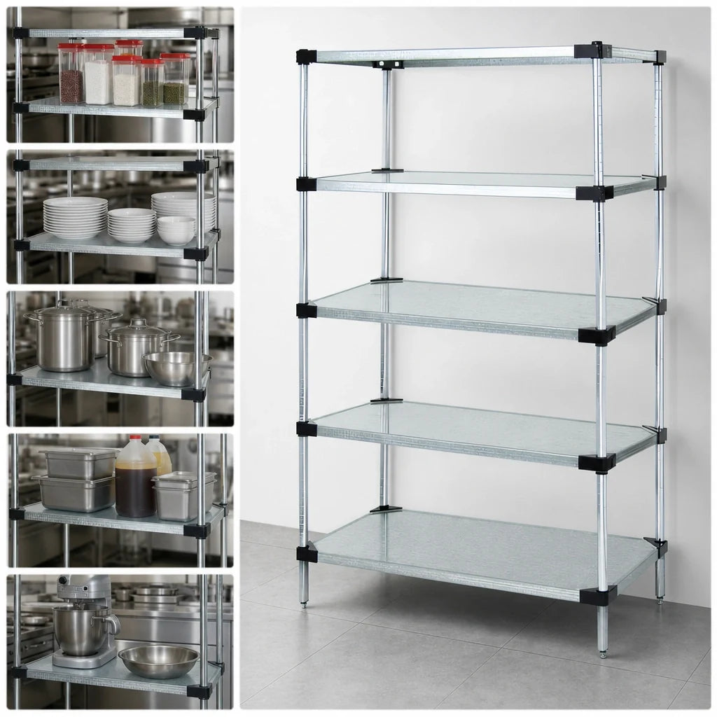 Quantum WR63-2448SG-5 Solid Shelving Starter Unit, 48"W x 24"D x 63"H, 5 Galvanized Steel Shelves, Chrome Posts