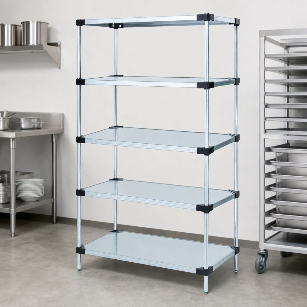 Quantum WR63-2124SG-5 Solid Shelving Starter Kit, 24-Inch W x 21-Inch D x 63-Inch H, 5 Solid Shelves, Galvanized Steel, Chrome Posts