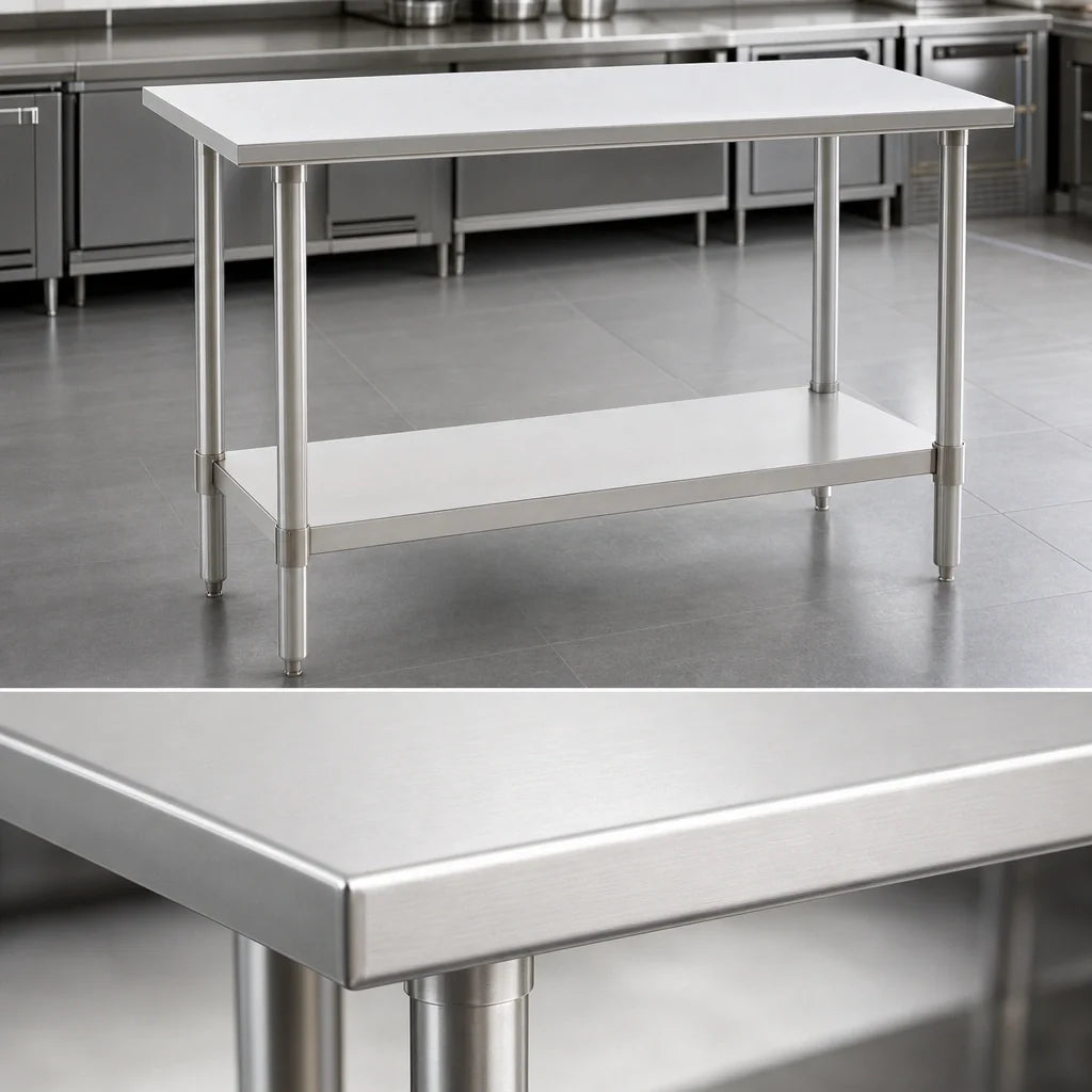 Eagle Group Spec-Master T36108SE 108" W x 36" D Flat-Top Stainless Steel Work Table with 14-Gauge 300-Series Top and Adjustable Undershelf