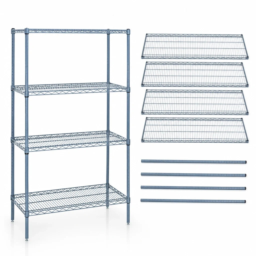 Quantum WR86-1842GY Wire Shelving Starter Kit, 42W x 18D x 86H, 4 Shelves, Gray Epoxy, Stationary