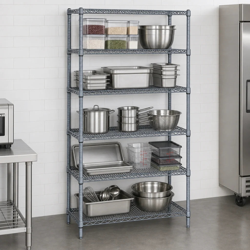 Quantum WR63-3648GY-5 Wire Shelving Starter Kit, 48"W x 36"D x 63"H, 5 Shelves, Gray Epoxy Finish