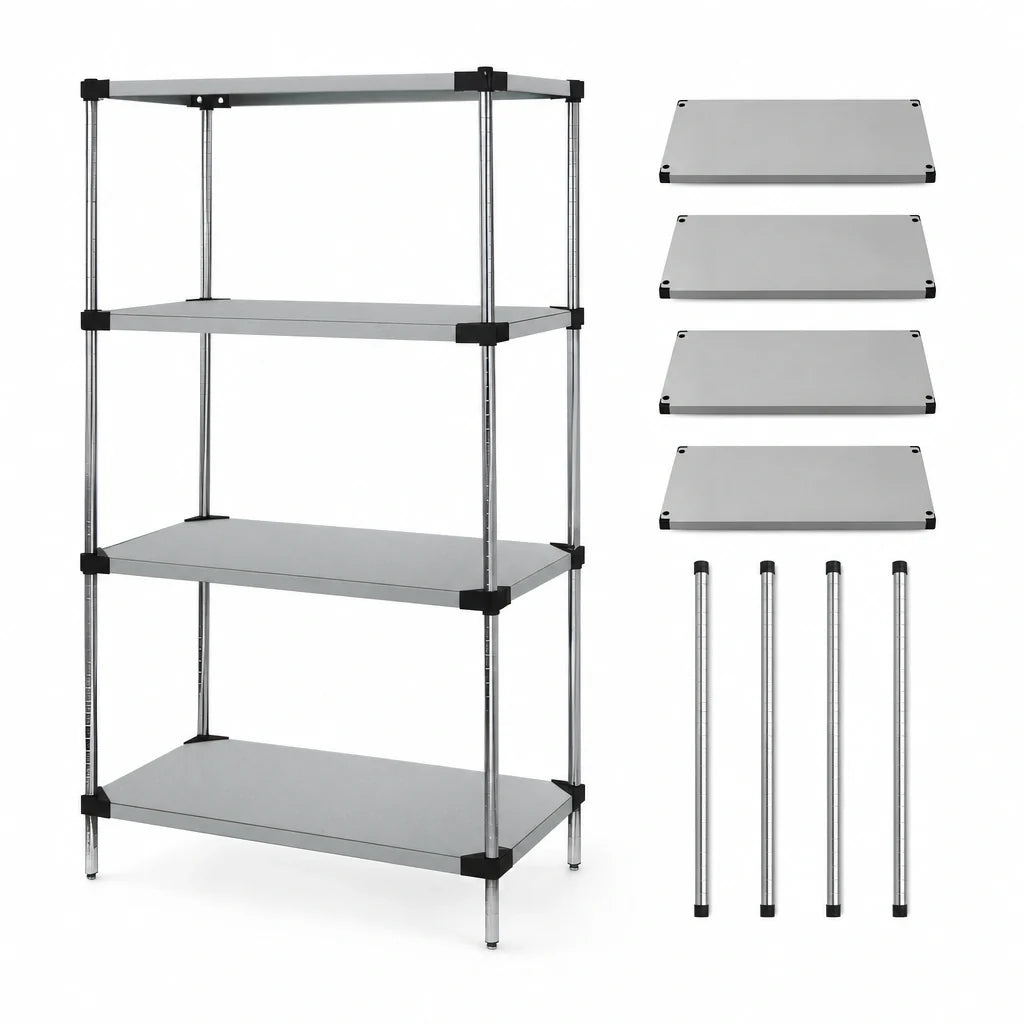 Quantum WRS4-74-2424SS 4-Shelf Solid Stainless Steel Stationary Shelving Starter Kit, 24"W x 24"D x 74"H