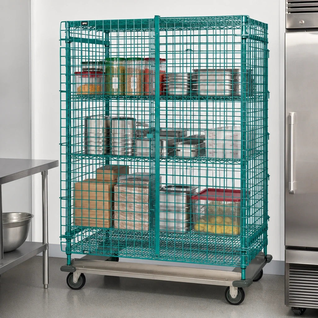 Quantum MD2436-70SECP Mobile Wire Security Cage, 36"W x 24"D x 70"H, Green Epoxy Finish
