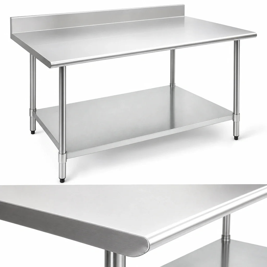 Eagle Group Spec-Master T24120E-BS 120 x 24-Inch 14-Gauge 300 Series Stainless Steel Work Table with Backsplash and Galvanized Undershelf