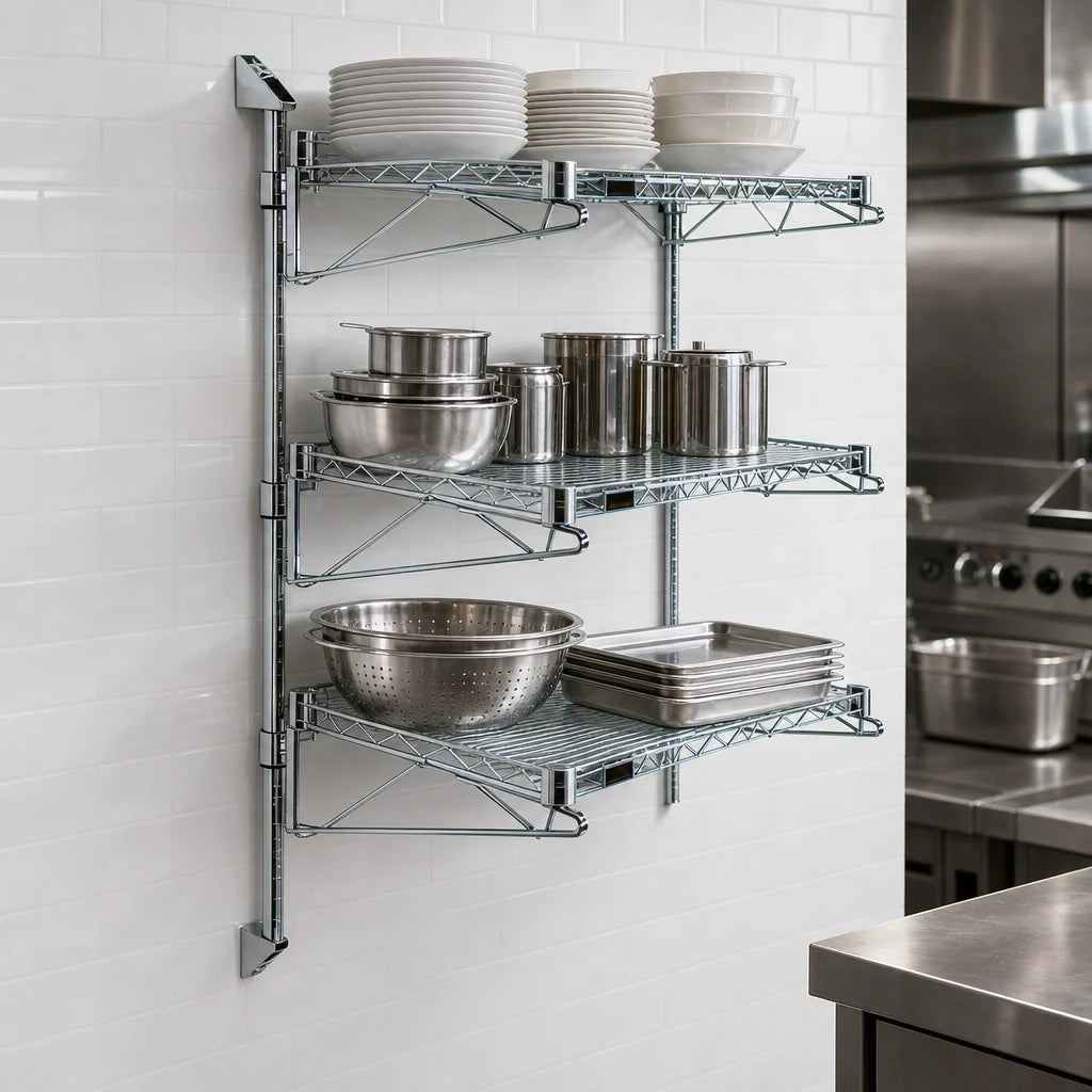 Quantum WC54-CB2148C Wall-Mounted Cantilever Shelf Starter Unit with 3 Wire Shelves, Chrome-Plated