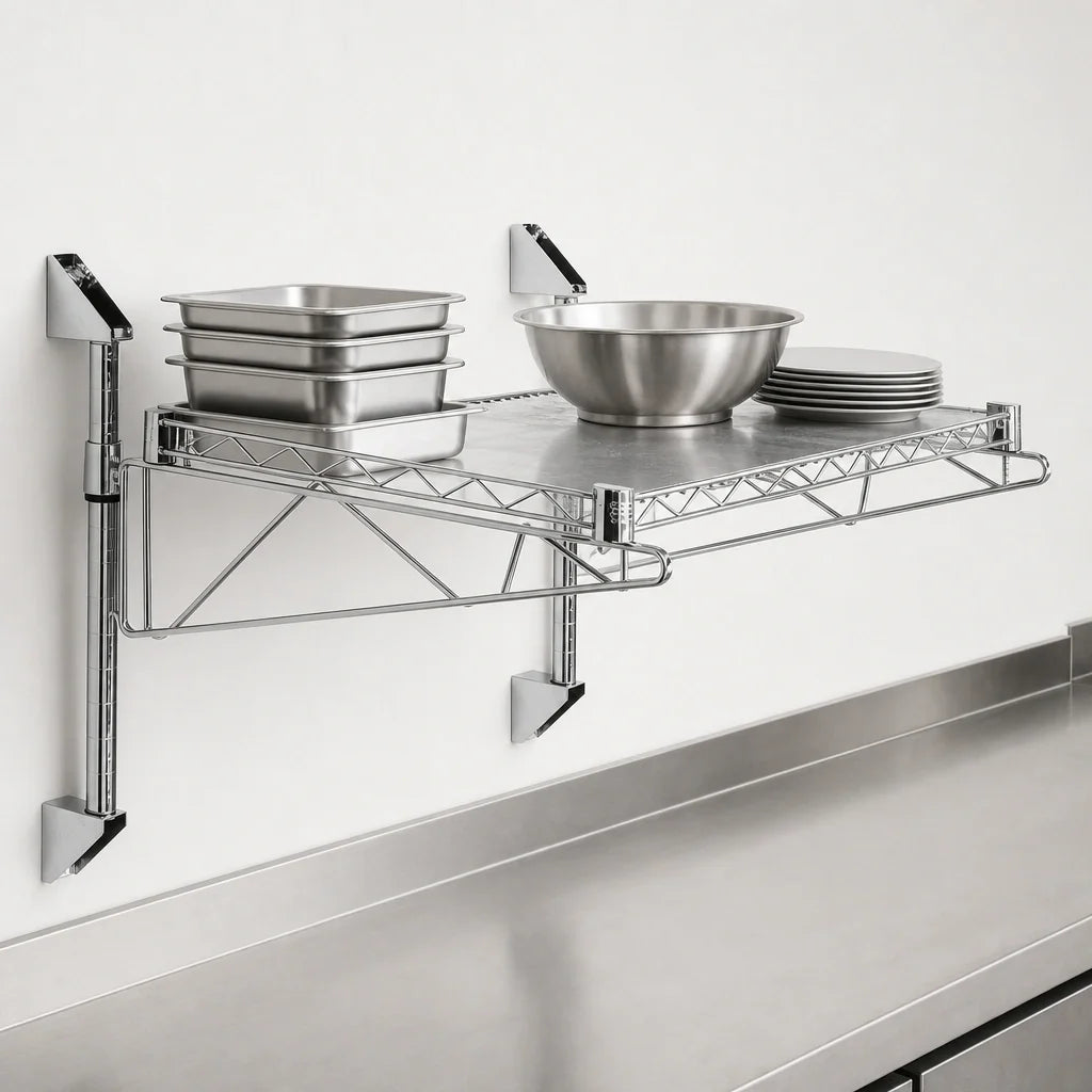 Quantum WC14-CB2442C Wall-Mount Cantilever Wire Shelving Unit, Single Shelf, 42"W x 24"D, Chrome Plated