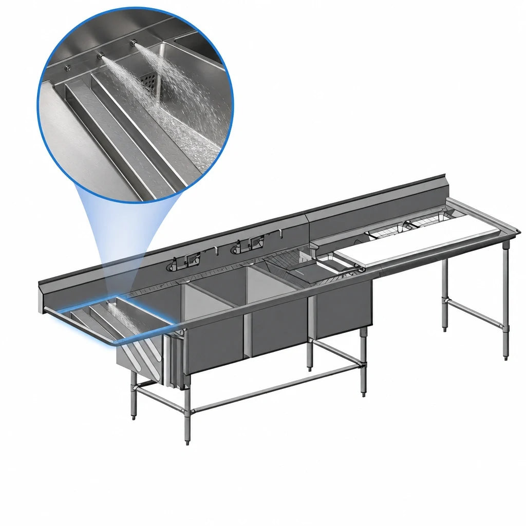 Eagle Group Spec-Master FNP2860-3-48TL Three-Compartment Coved-Corner Prep Sink, 48-Inch Left Prep Area, 14-Gauge 304 Stainless Steel