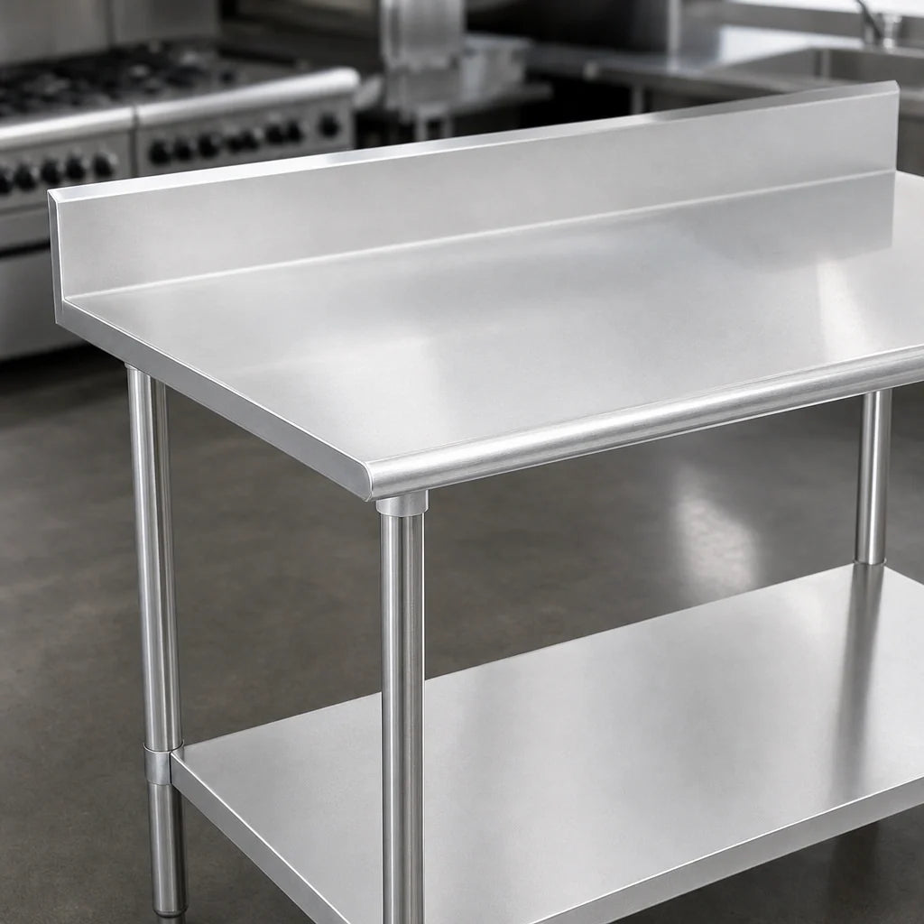 Eagle Group Budget Series T3084SB-BS 84" x 30" Stainless Steel Work Table with 4-1/2" Backsplash, Adjustable Undershelf and Rolled Edge