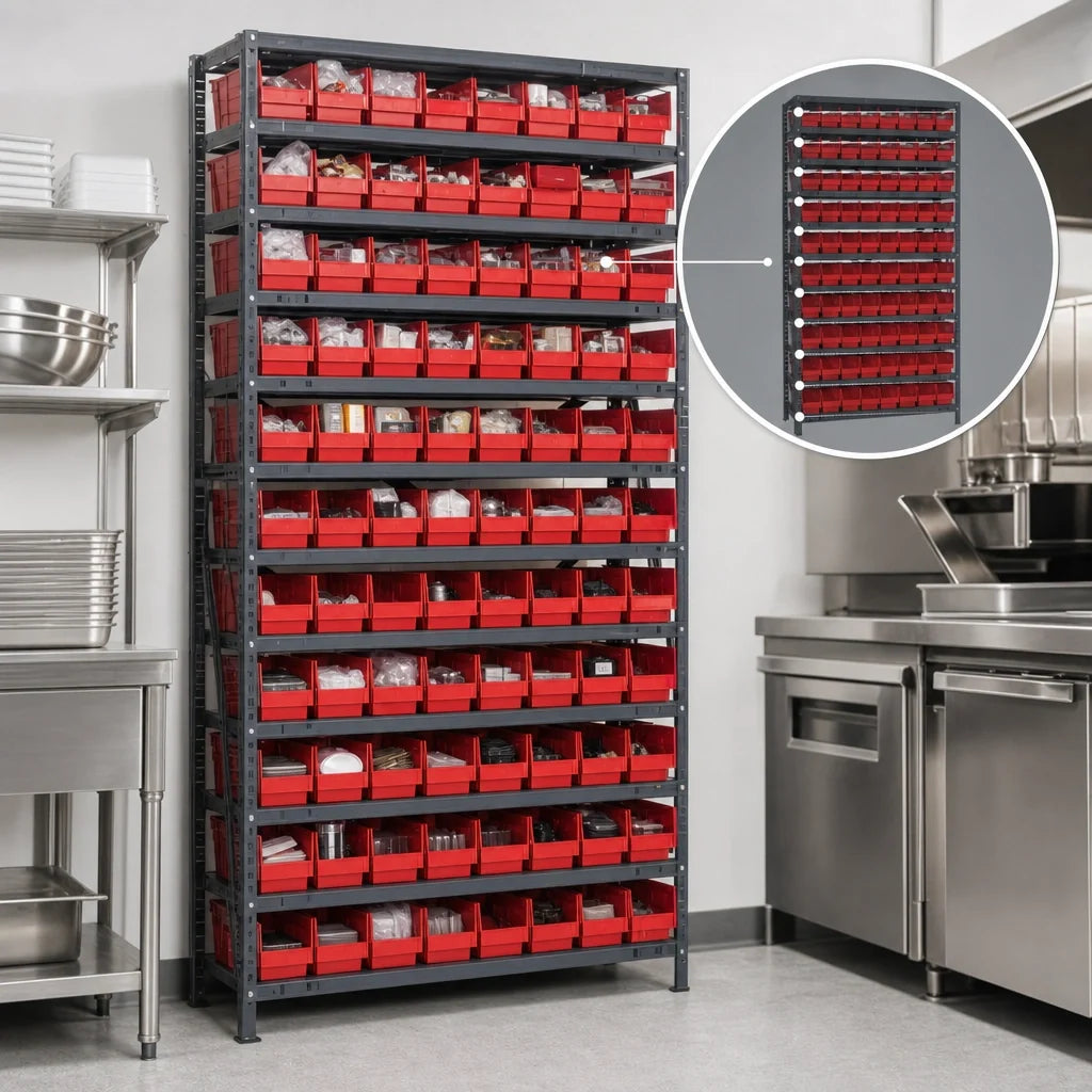 Quantum 1275-101 Heavy-Duty Stationary Wire Shelving Unit, 13 Shelves, 96 Bins, 36"W x 12"D x 75"H