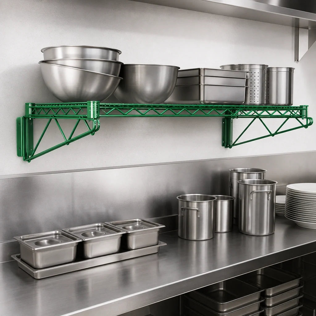 Quantum WDWB2172P Wall-Mounted Cantilever Wire Shelf Kit, 72 x 21 Inches, Green Epoxy Antimicrobial Finish