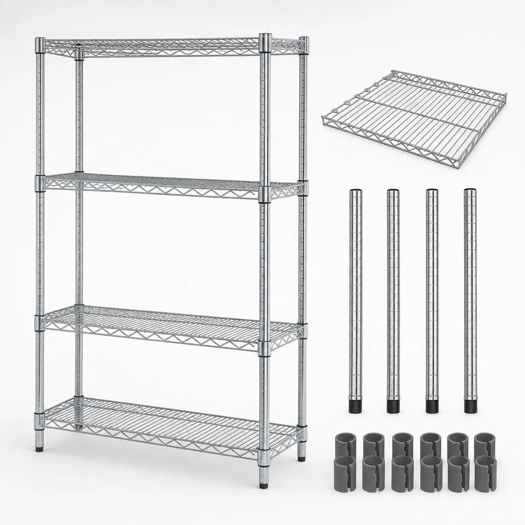 Quantum WR54-1236C 36"W x 12"D x 54"H Stationary Chrome Wire Shelving Starter Kit, 4 Shelves & 4 Posts