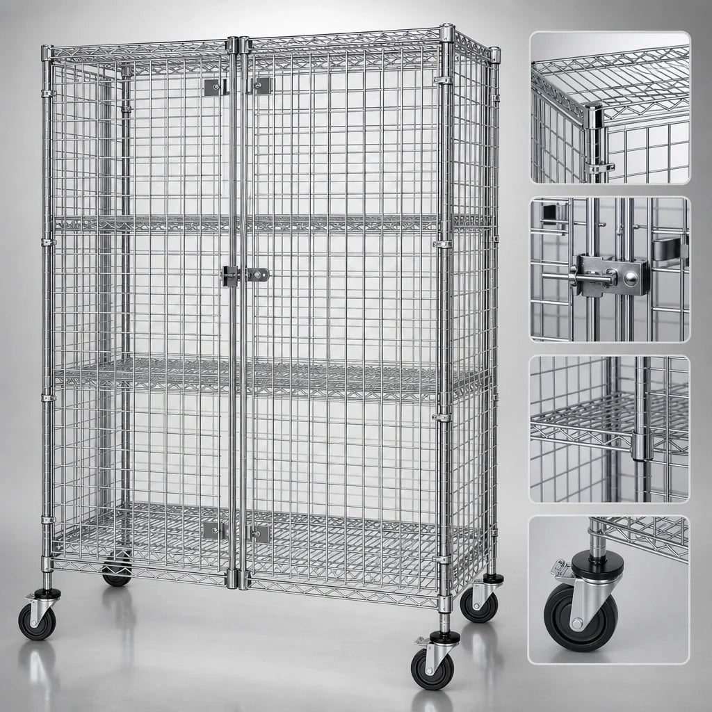 Quantum M1836-69SEC-2 Mobile Wire Security Cage, 36"W x 18"D x 69"H, Chrome, 2 Intermediate Shelves