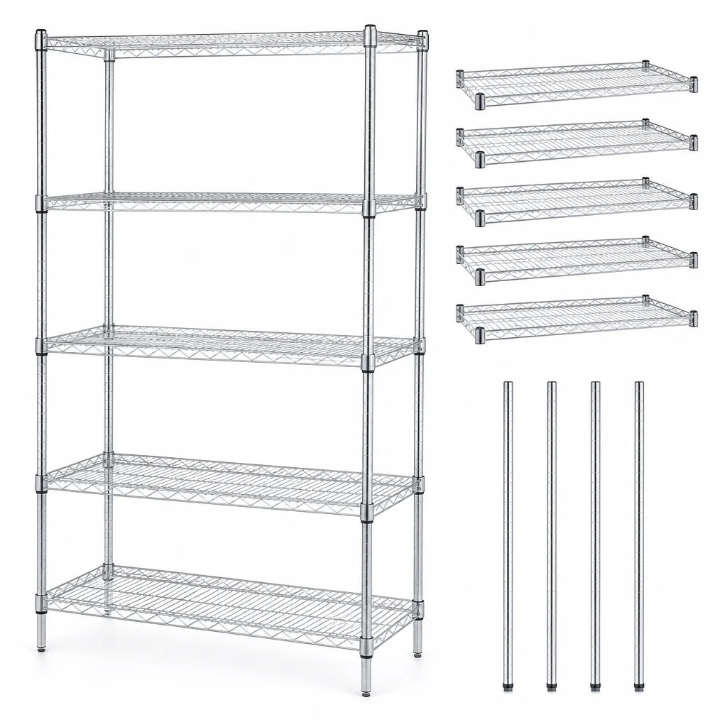 Quantum WR86-3048C-5 Stationary Wire Shelving Starter Kit, 48"W x 30"D x 86"H, 5 Shelves, Chrome Finish