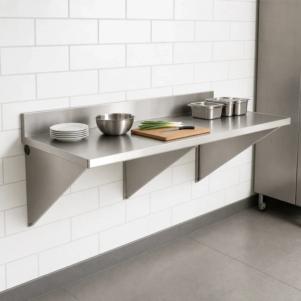 Eagle Group WT3060SE-BS 60" x 30" Wall-Mount 14-Gauge 304 Stainless Steel Work Table with Rolled Edge and 4-1/2" Backsplash