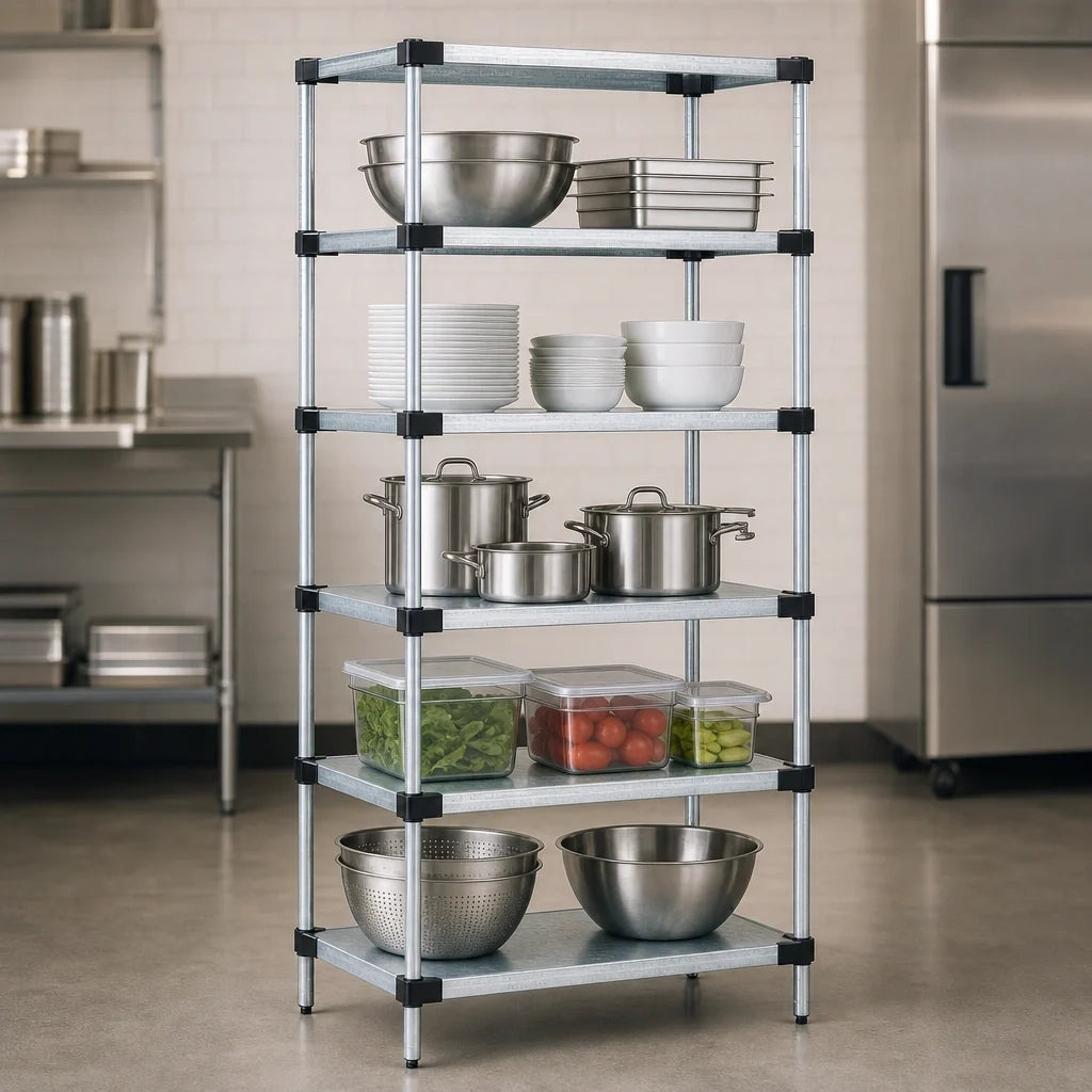 Quantum WR74-2424SG-5 Stationary Solid Shelving Starter Unit, 24"W x 24"D x 74"H, 5 Shelves, Galvanized Steel with Chrome Posts
