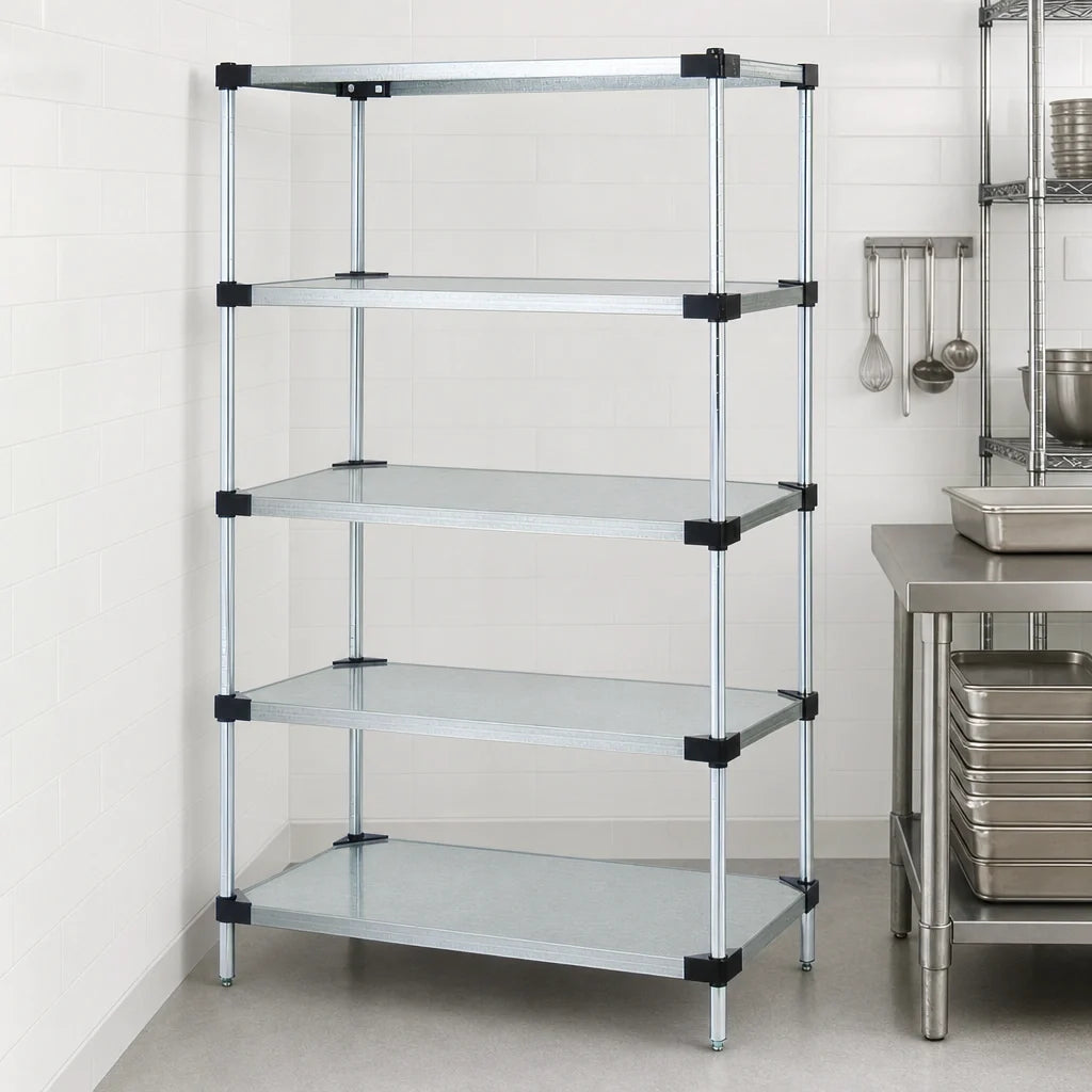 Quantum WR74-2436SG-5 Stationary Solid Shelving Starter Kit, 5 Shelves, 36"W x 24"D x 74"H, Galvanized Steel with Chrome Posts