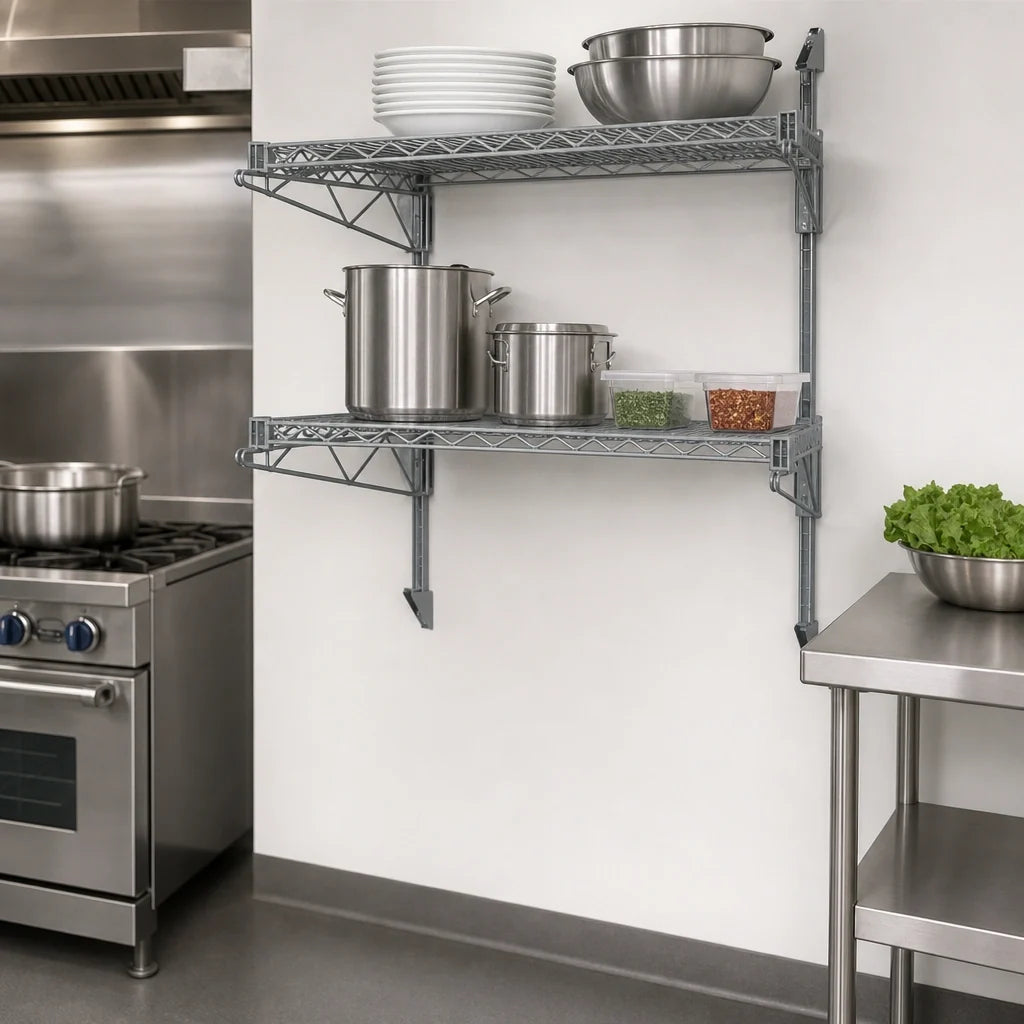 Quantum WC34-CB1436GY Wall-Mounted Cantilever Wire Shelving Unit, 2 Shelves, 36 x 14 Inches, Gray Epoxy Finish