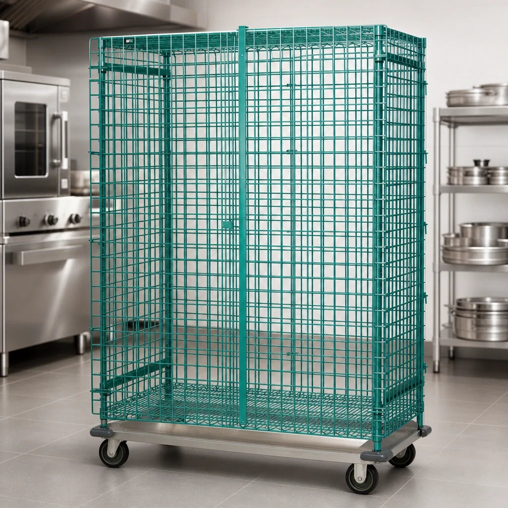 Quantum MD1860-70SECP Mobile Wire Security Cage with Dolly Base, 60 W x 18 D x 70 H, Green Epoxy-Coated Finish