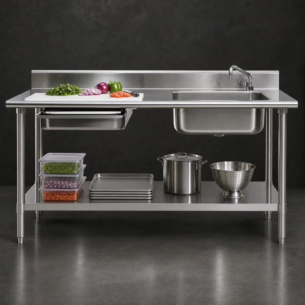 Eagle Group Spec-Master PT 3096-R Stainless Steel Prep Table With Right-Side Sink, Left-Side Drawer, Cutting Board, Undershelf, 96"W x 30"D