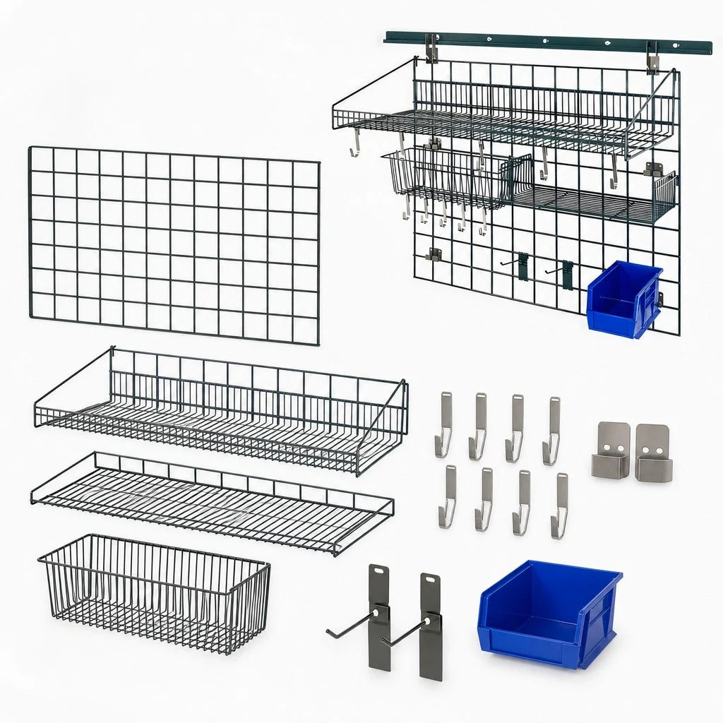 Quantum Store Grid SGK-403036-2P Standard-Duty Wall-Mounted Storage Grid Starter Kit with Shelf, Basket, Bin Holder, and Green Epoxy Finish