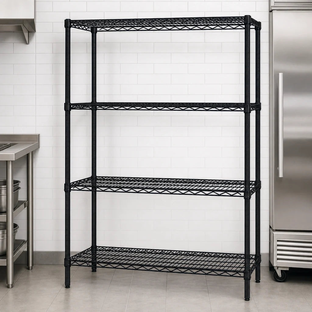 Quantum WR63-1872BK Wire Shelving Starter Kit, 72W x 18D x 63H, 4-Shelf Stationary, Black Epoxy Finish