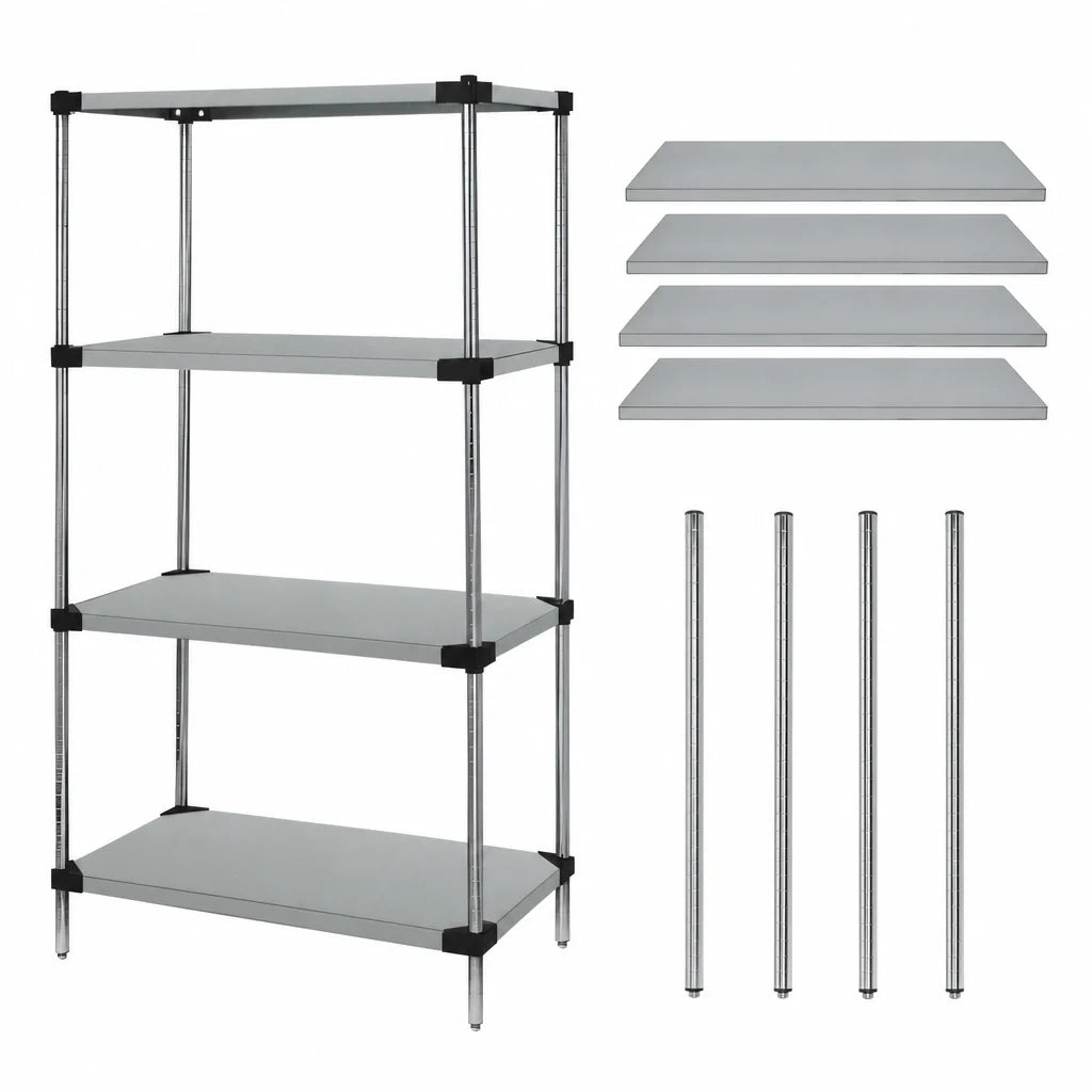 Quantum WRS4-86-2442SS 304 Stainless Steel Solid Shelving Starter Kit, 42"W x 24"D x 86"H, 4-Shelf Stationary Unit