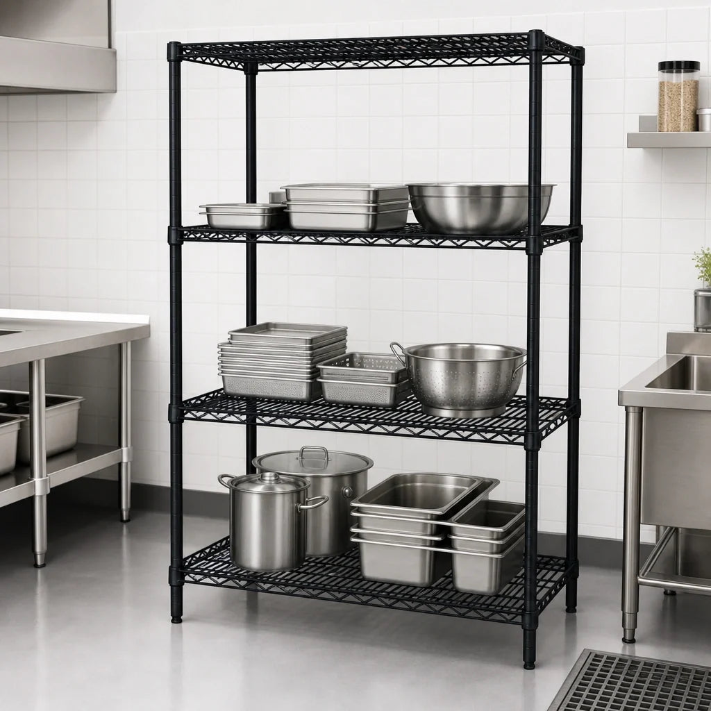Quantum WR86-3048BK Wire Shelving Starter Unit, 48"W x 30"D x 86"H, 4 Shelves, Black Epoxy Finish