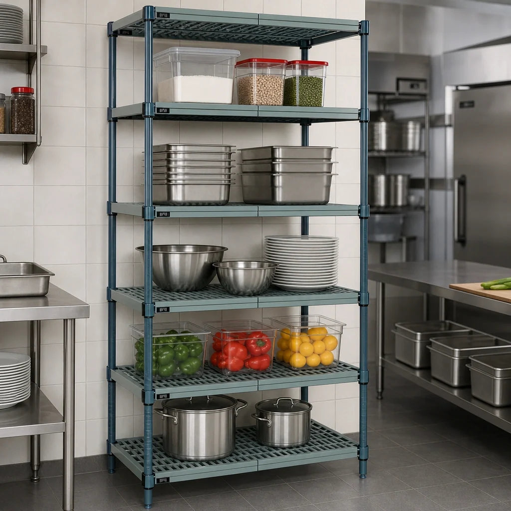 Quantum WR63-1824WPM-5 5-Tier Stationary Wire Plastic Mat Shelving Unit, 24"W x 18"D x 63"H, Green Epoxy Coated