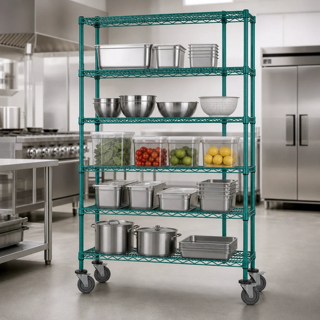 Quantum M1860P47-5 5-Shelf Mobile Wire Shelving Cart, 60 x 18 x 80 Inches, Green Epoxy Coated