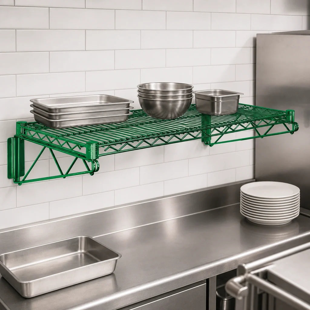Quantum WDWB1854P Wall-Mount Cantilever Wire Shelf Kit, Single Shelf, 54 x 18 Inches, Green Epoxy Antimicrobial Finish