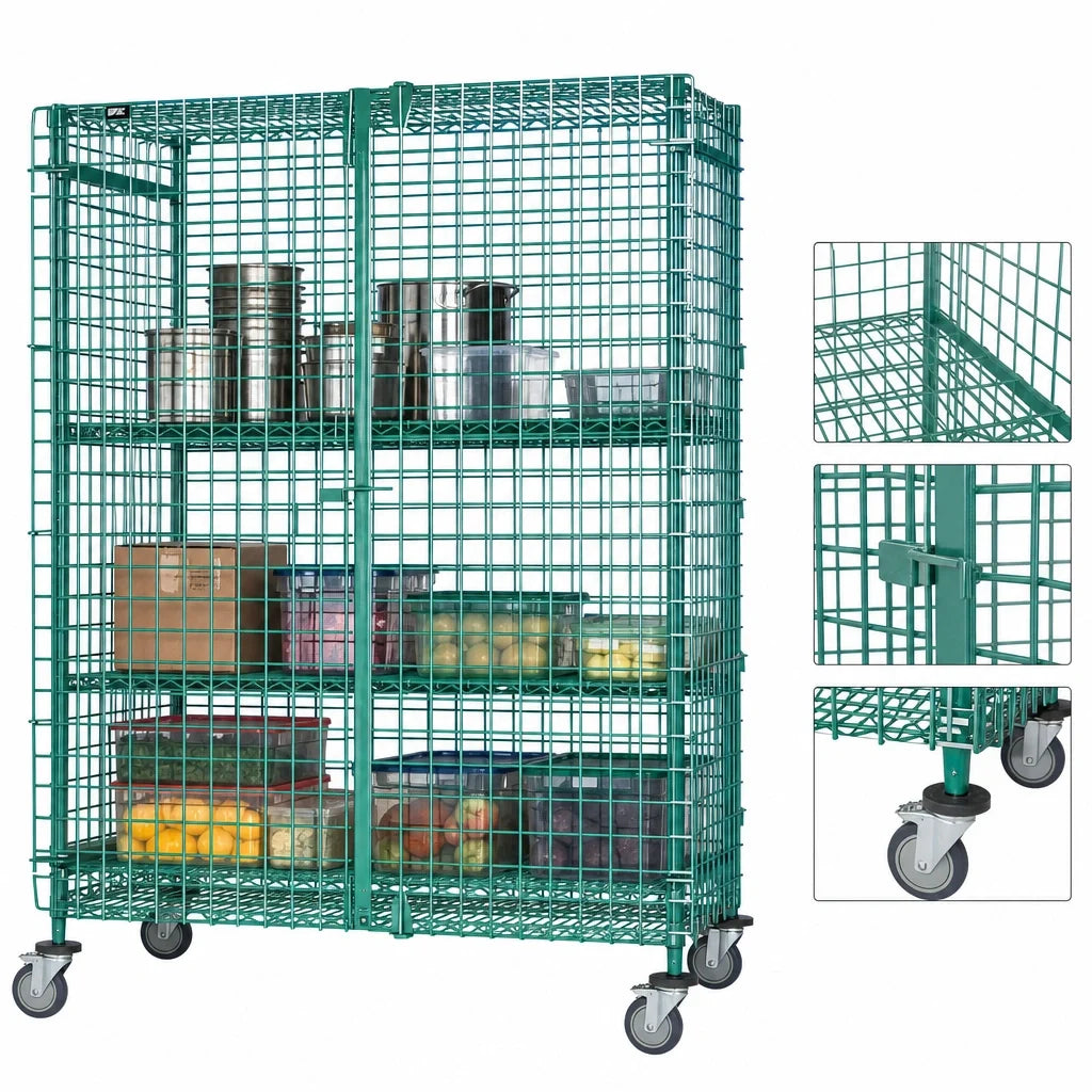 Quantum M2160-69SECP Mobile Wire Security Unit, 60"W x 21"D x 69"H, Green Epoxy, Locking Panel Doors